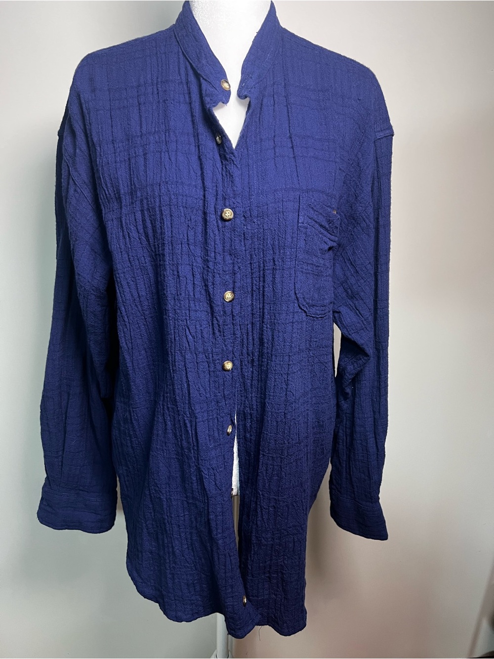 Textured Navy Button-Down Shirt with Band Collar